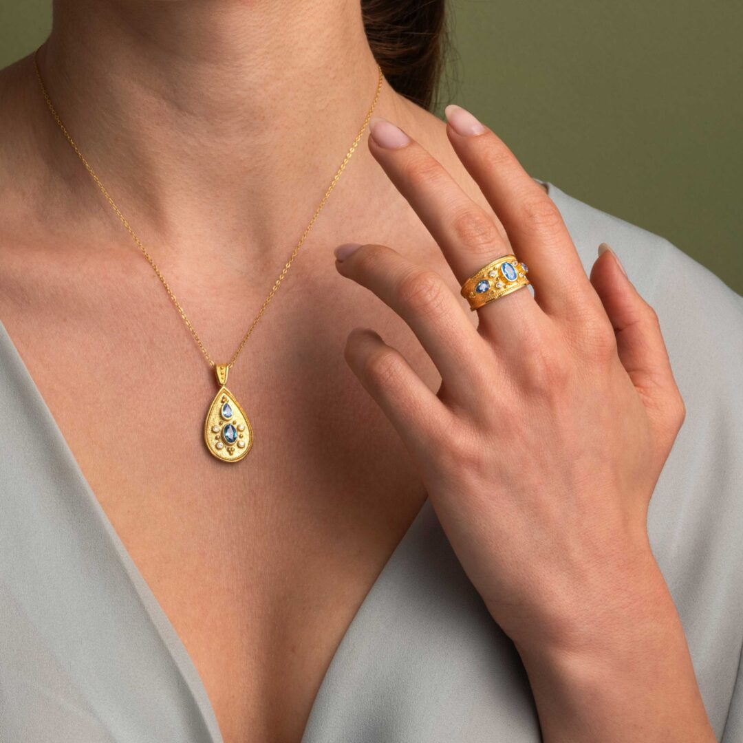 Byzantine Pendant with Blue Zircon - 925 Sterling Silver and 18K Gold Plating
