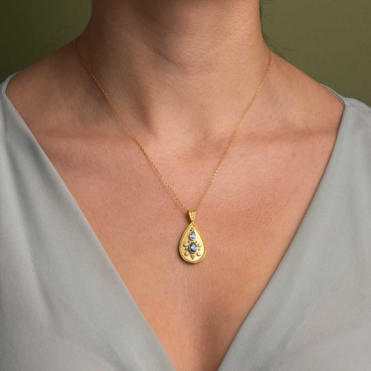 Byzantine Pendant with Blue Zircon - 925 Sterling Silver and 18K Gold Plating