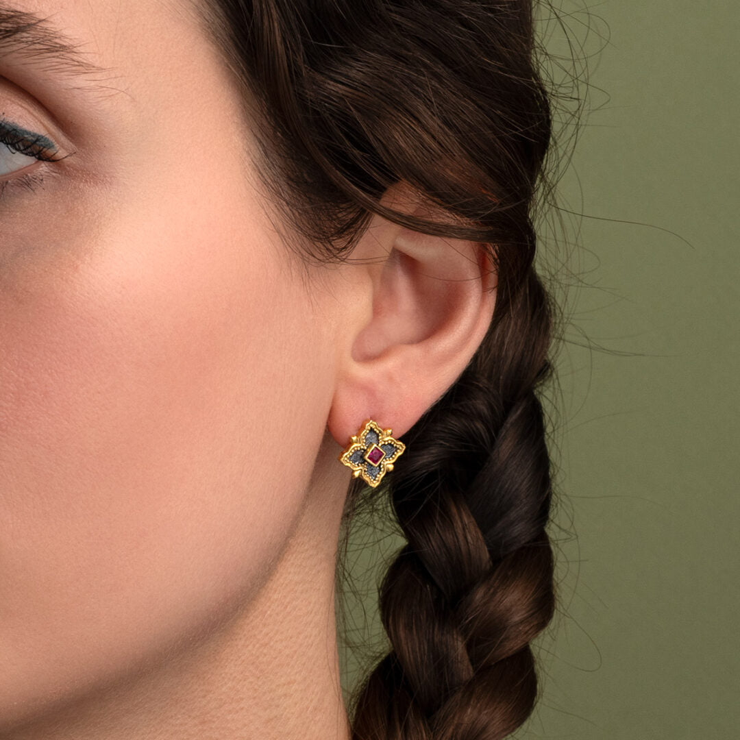 Byzantine Stud Earrings with Zircon - 925 Sterling Silver and 18K Gold Plating