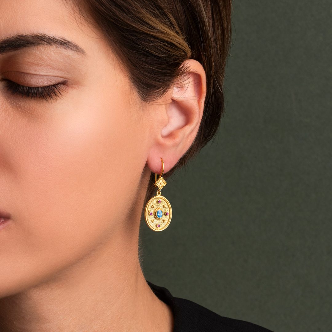 Byzantine Dangle Oval Earrings with Zircon — Blue
