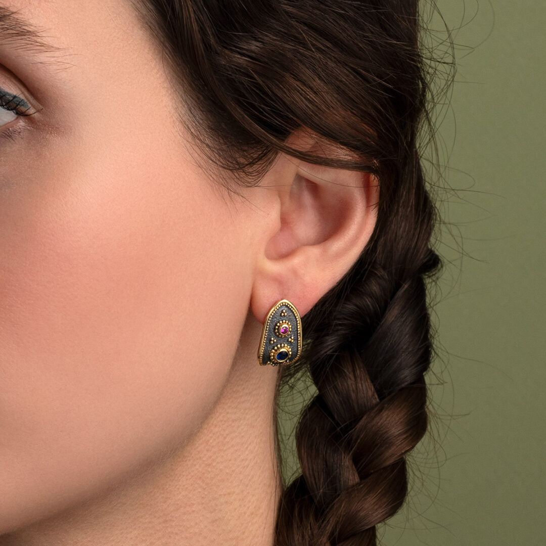 Two Tone Byzantine Stud Earrings with Zircon