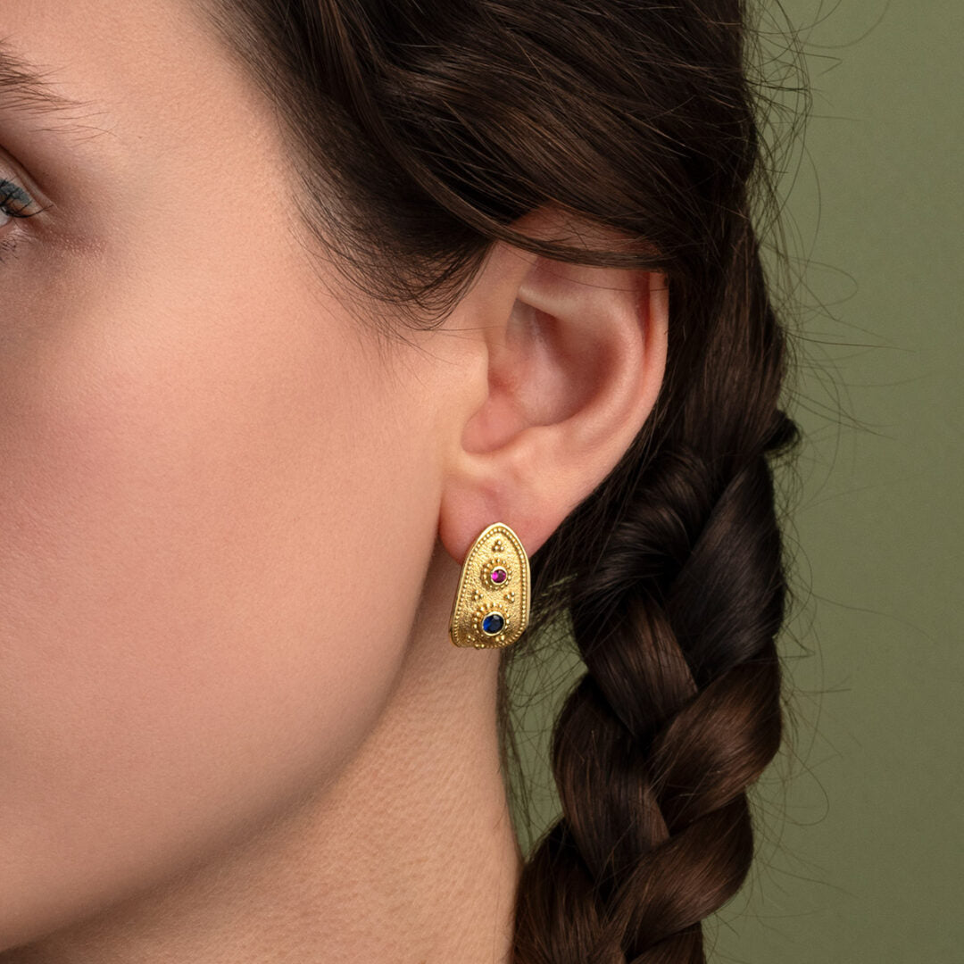 Byzantine Stud Earrings with Zircon - Sterling Silver and 18K Gold Plating