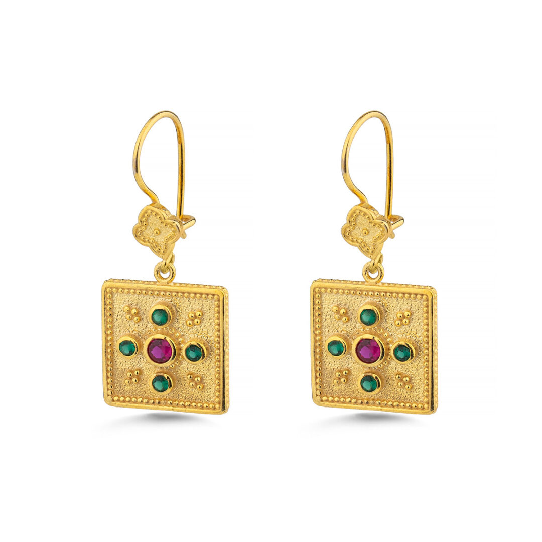 Byzantine Multi Zircon Earrings in 925 Sterling Silver Gold Plated