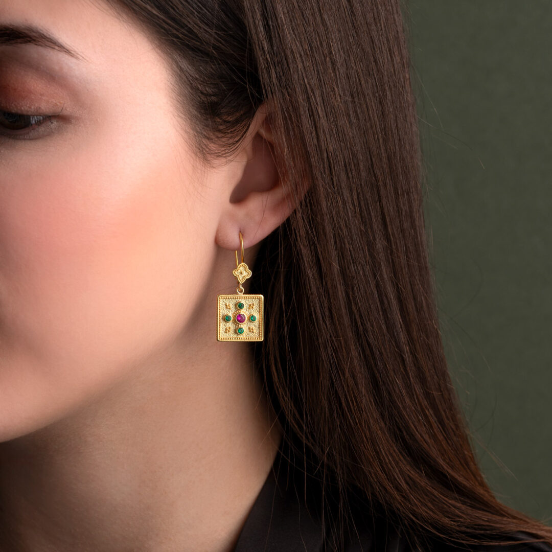 Byzantine Multi Zircon Earrings in 925 Sterling Silver Gold Plated