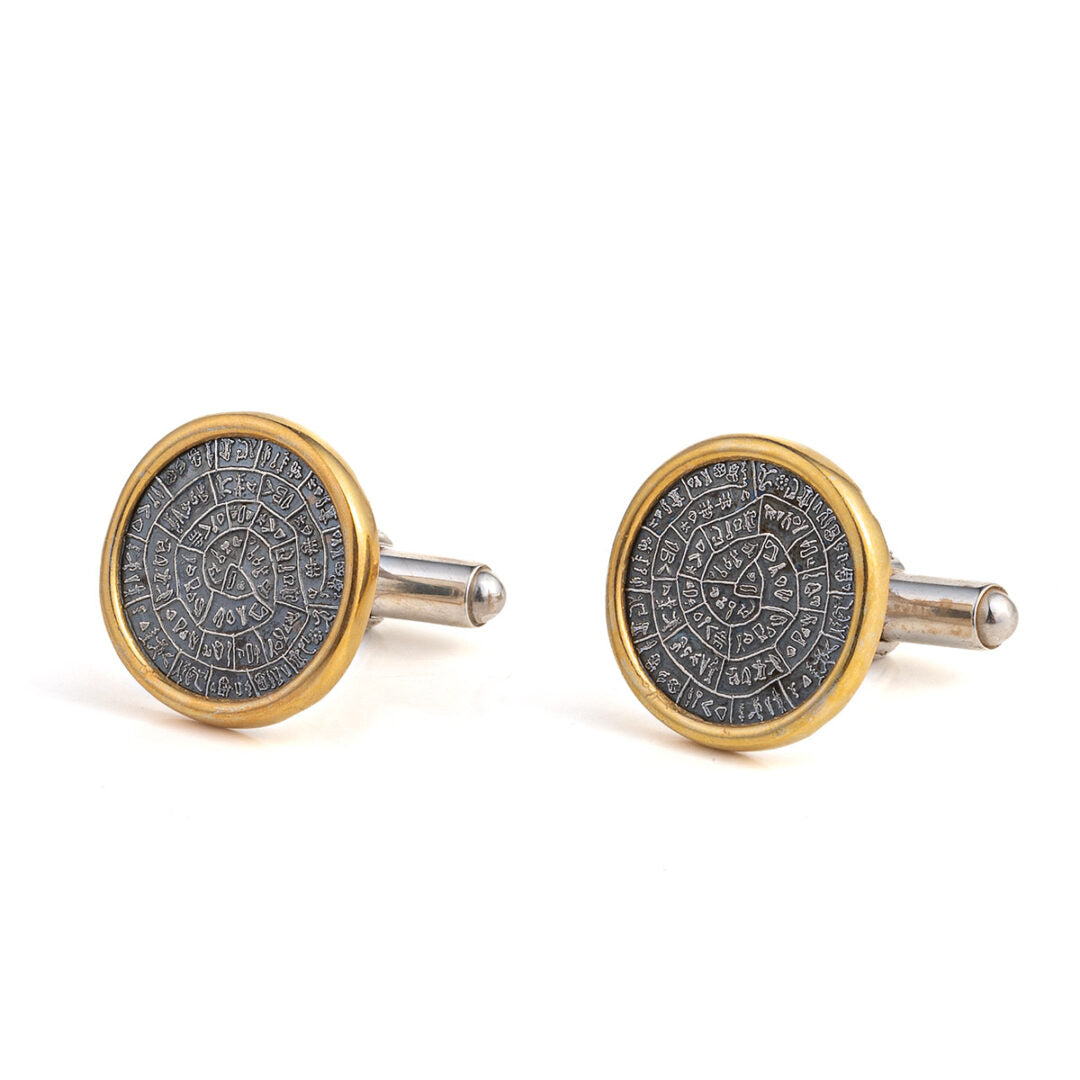 Greek Phaistos Disc Cufflinks - Sterling Silver and Gold Plated