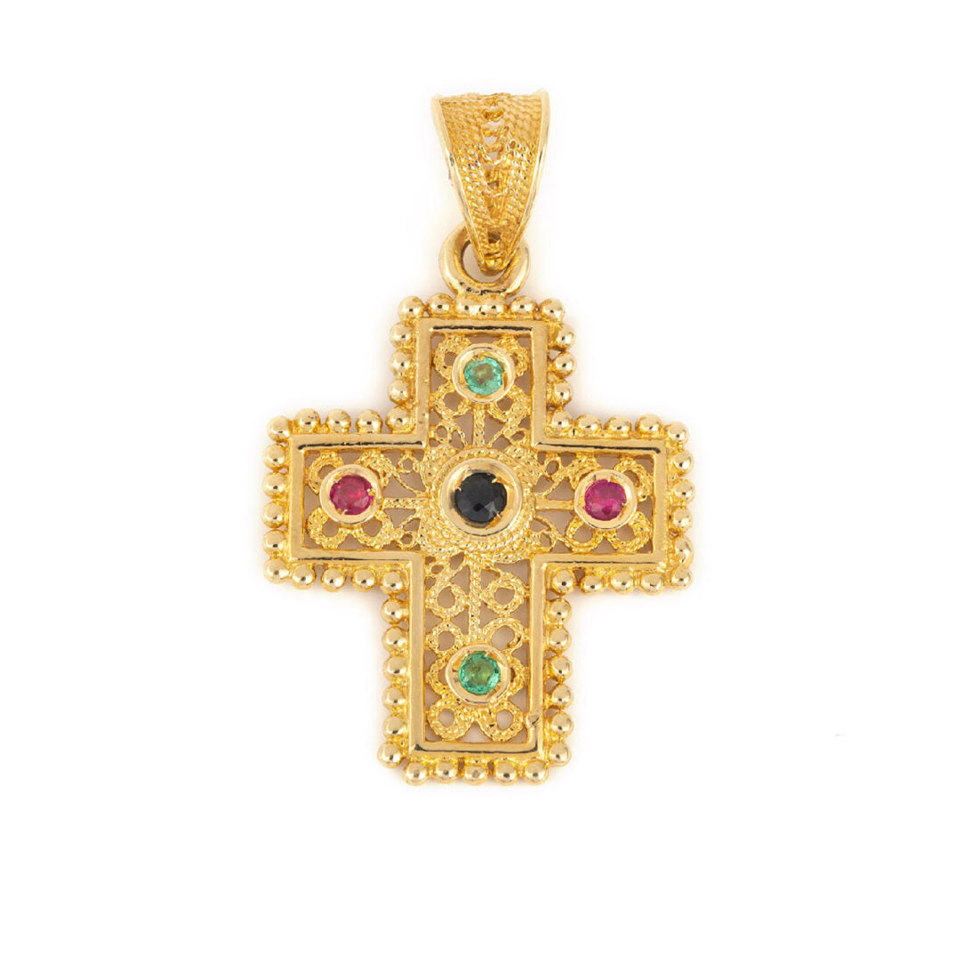 18K Gold Byzantine Filigree Cross with rubies emeralds and sapphires