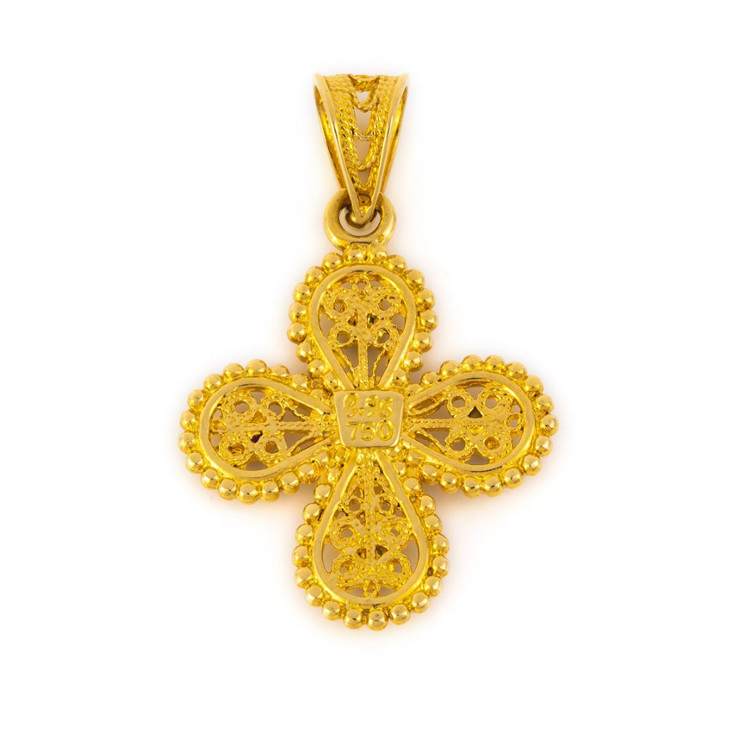 18K Gold Filigree Cross with rubies, emeralds and sapphires