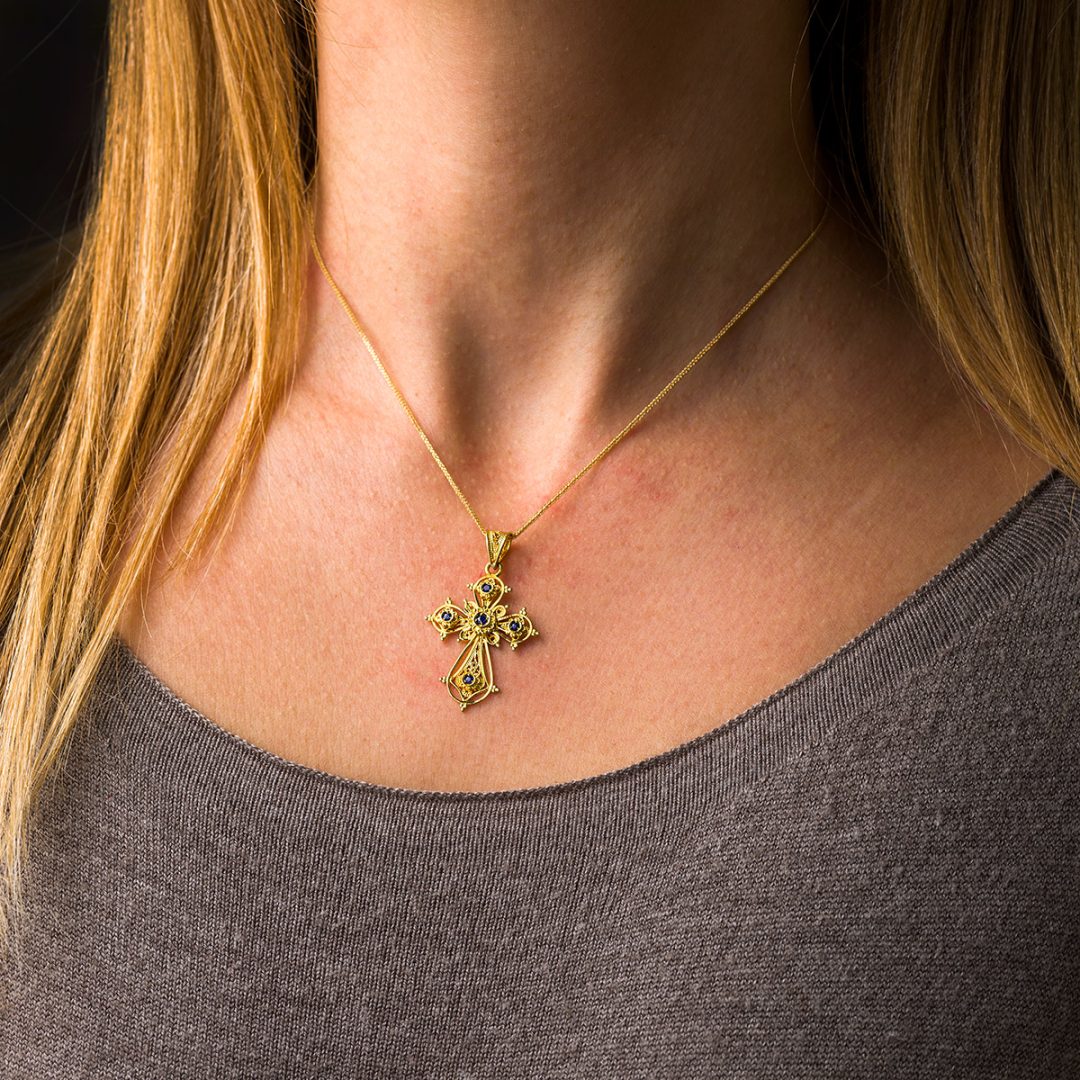 18K Gold Cross with Sapphire