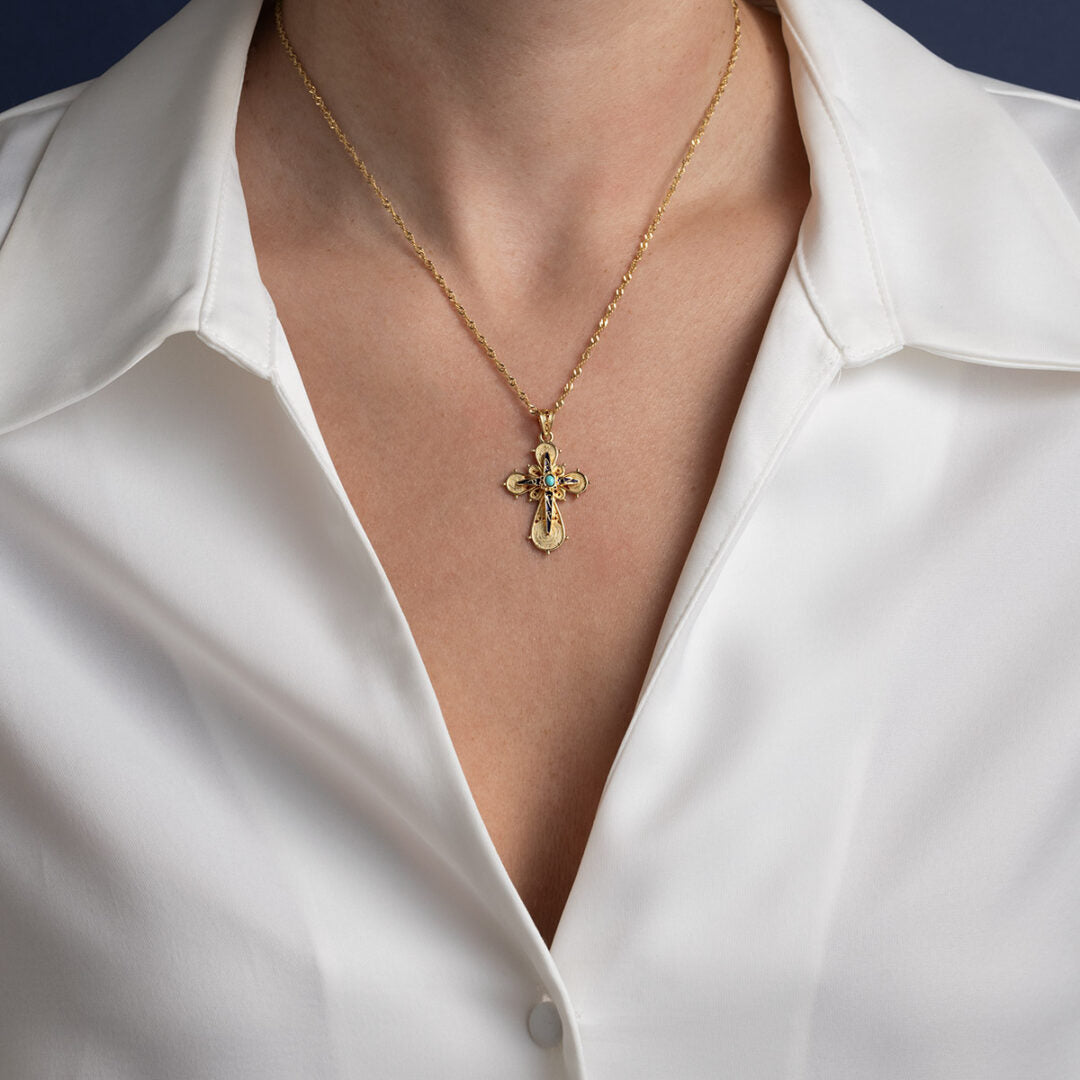 18K Gold Filigree Cross with turquoise and red enamel — Blue