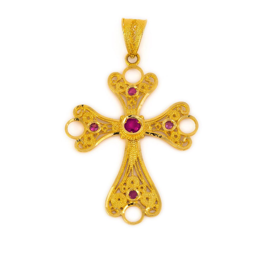 18K Solid Gold Filigree Multi precious Cross