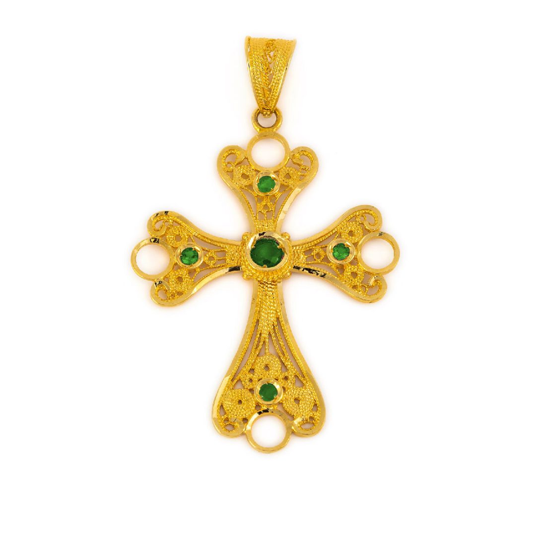 18K Solid Gold Filigree Multi precious Cross