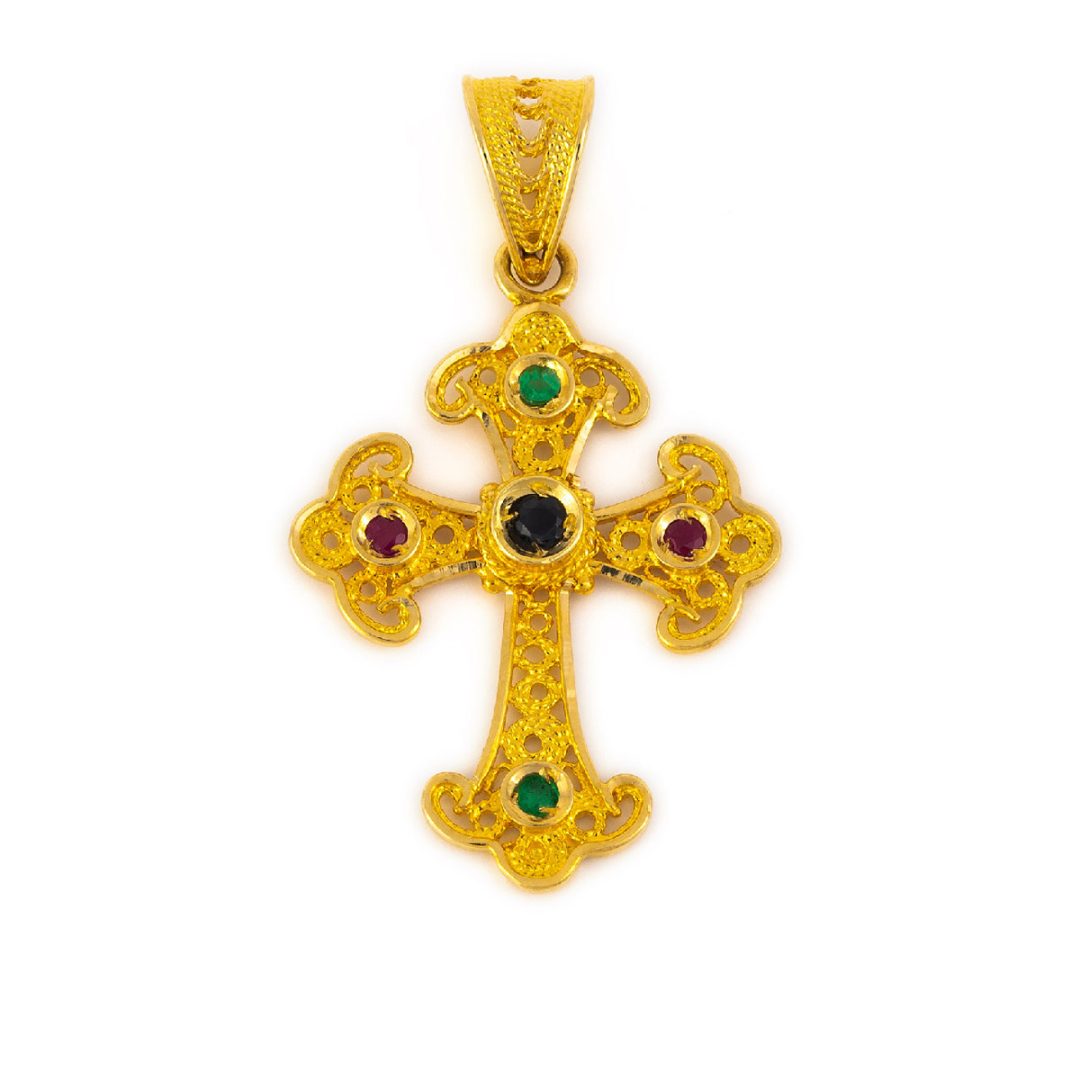 Multi precious Cross in 18K Gold