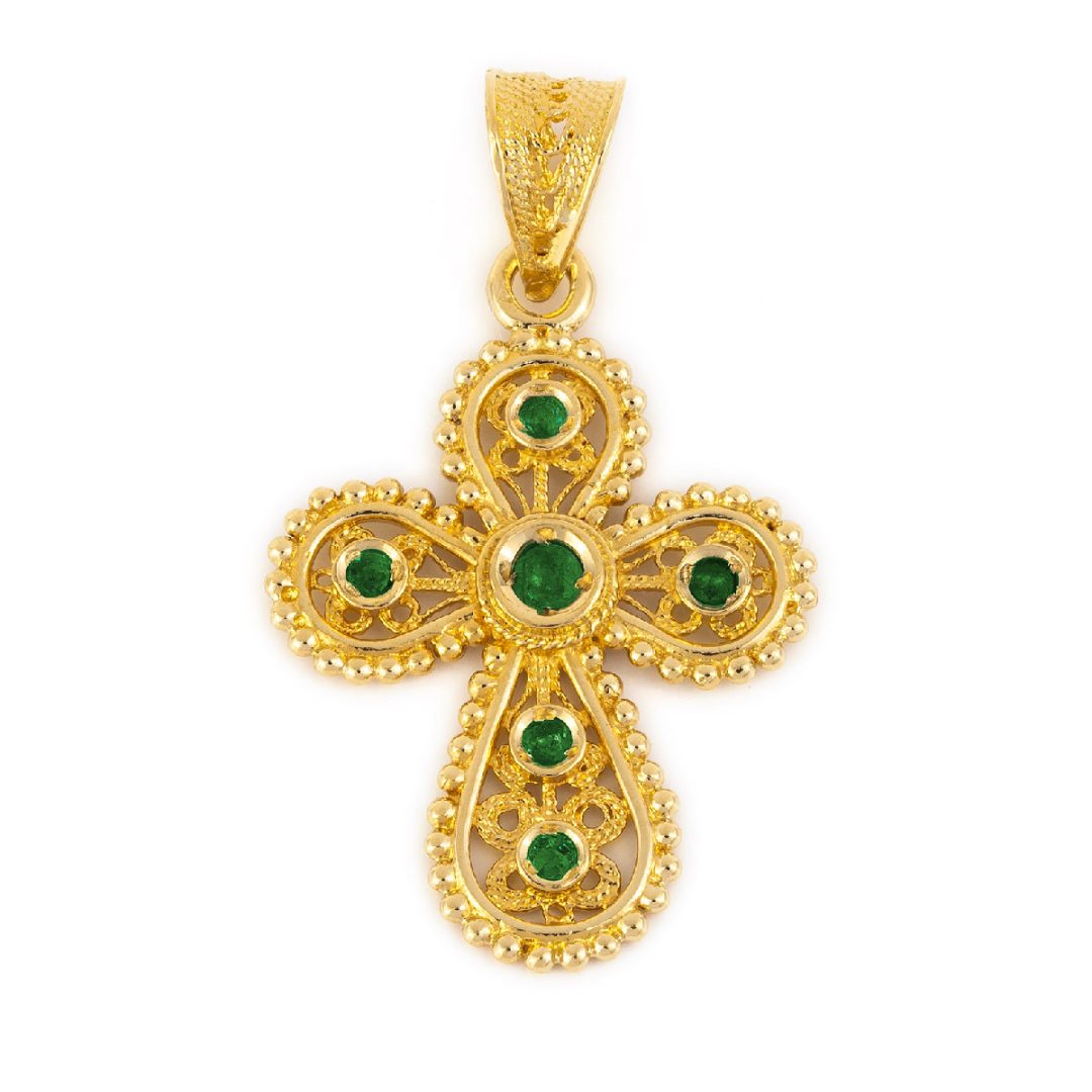 18K Gold Filigree Cross with Emeralds