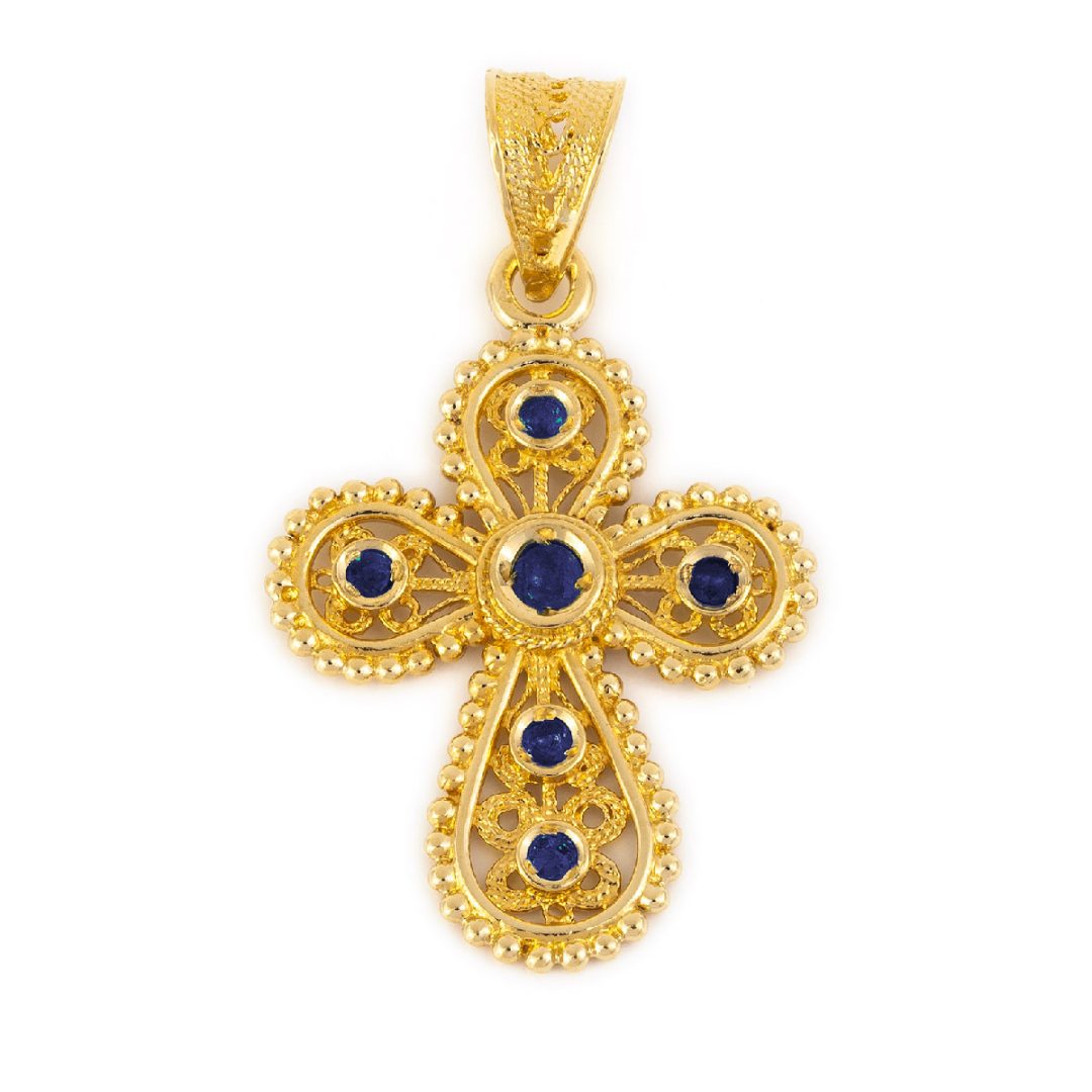 18K Gold Filigree Cross with Emeralds