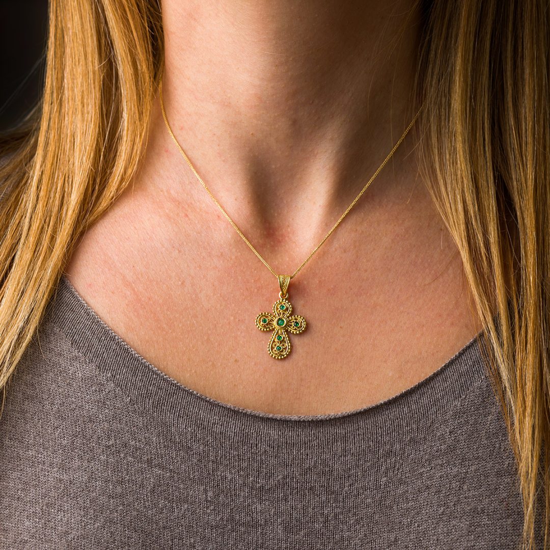 18K Gold Filigree Cross with Emeralds