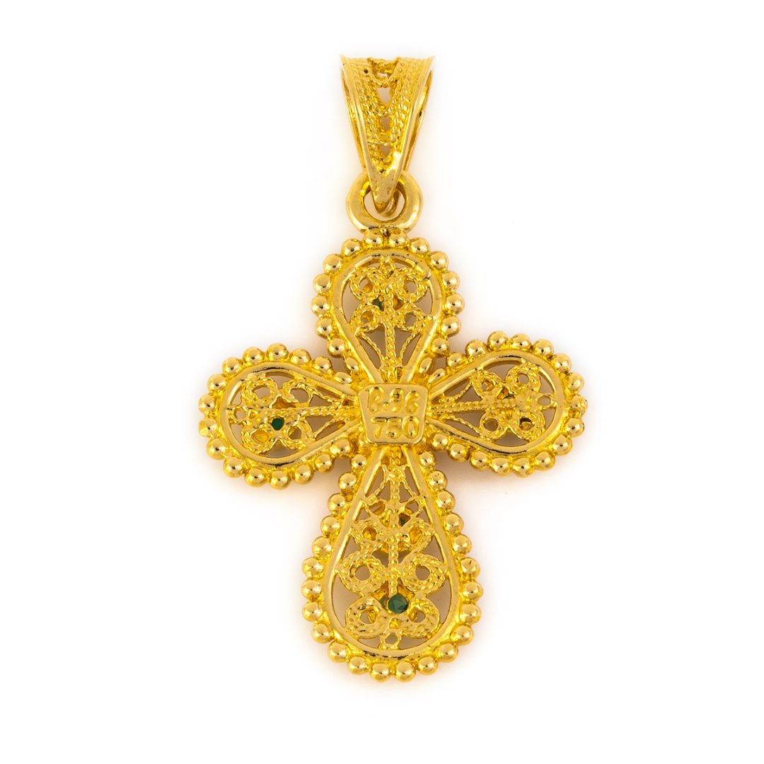 18K Gold Filigree Cross with Emeralds