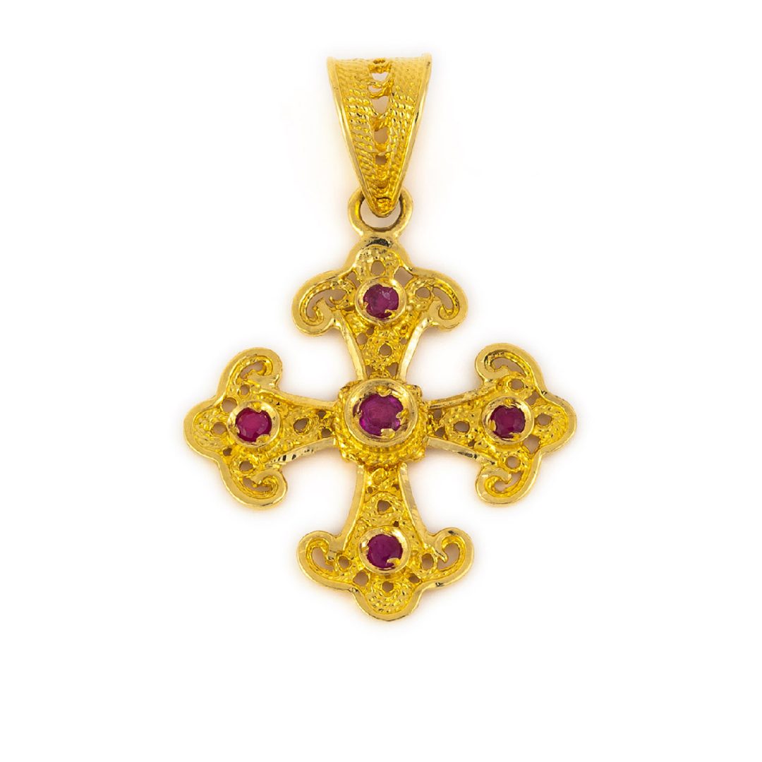18K Solid Gold Filigree Cross Pendant with Gemstones