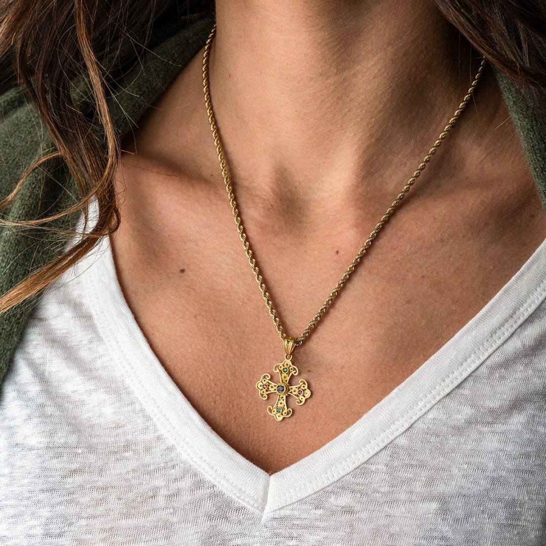 18K Solid Gold Filigree Cross Pendant with Gemstones