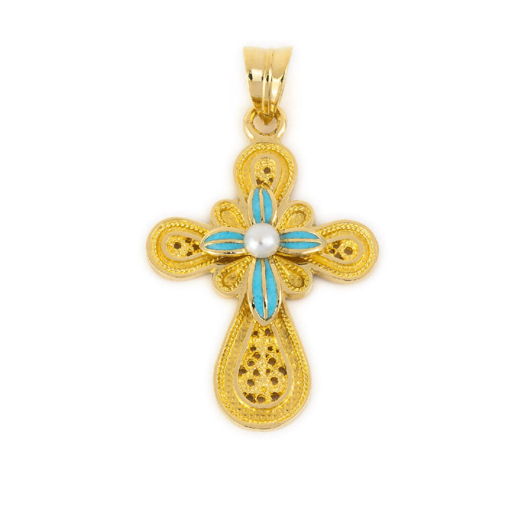 18K Gold Filigree Cross with Pearl — Turquoise