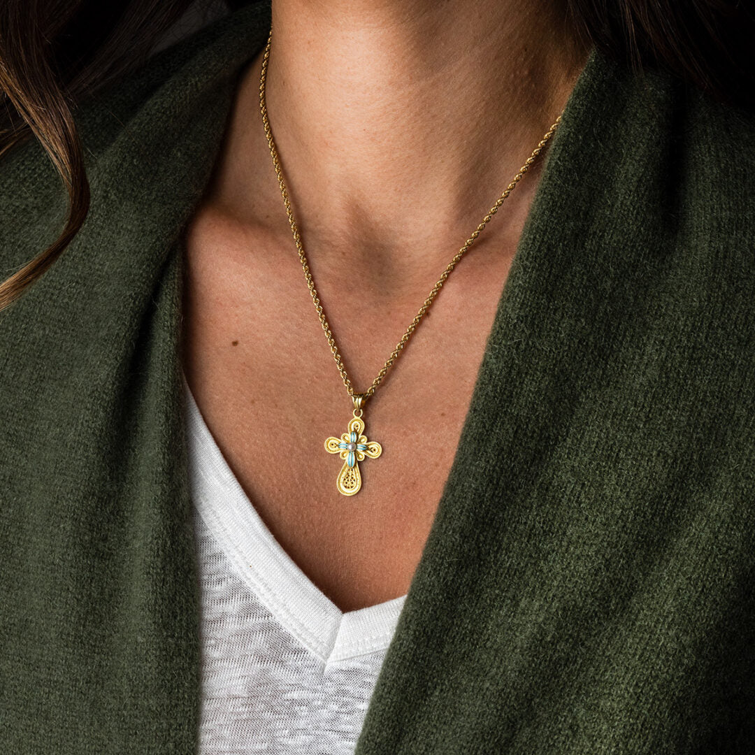 18K Gold Filigree Cross with Pearl — Turquoise