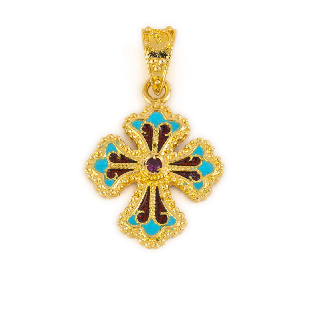 18K Gold Byzantine Filigree Cross with Turquoise Enamel