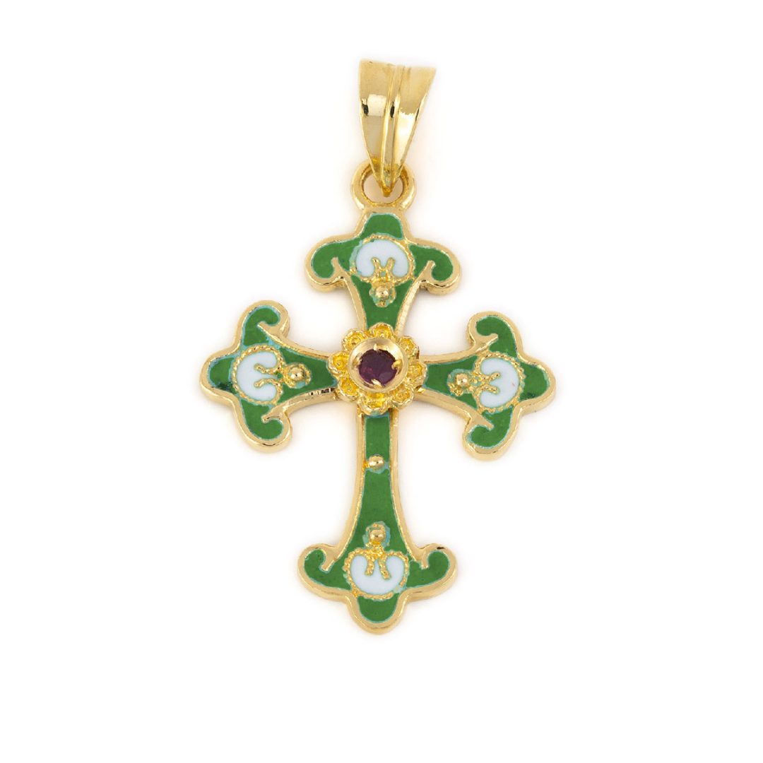 18K Gold and Enamel Byzantine Ruby Cross — Green