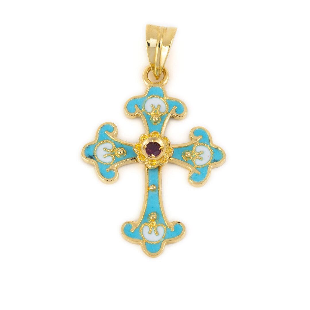 18K Gold and Enamel Byzantine Ruby Cross — Turquoise