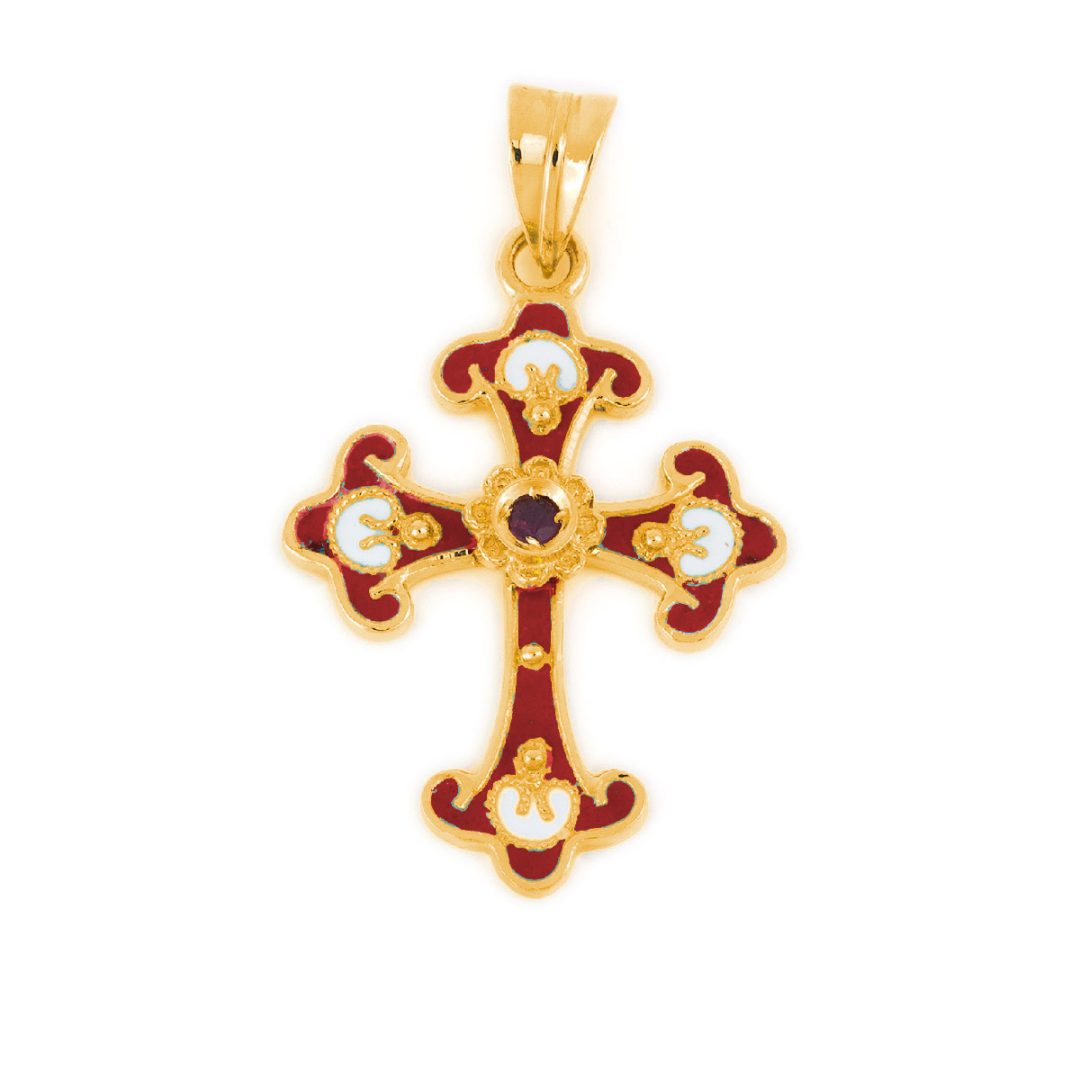 18K Gold and Enamel Byzantine Ruby Cross — Red