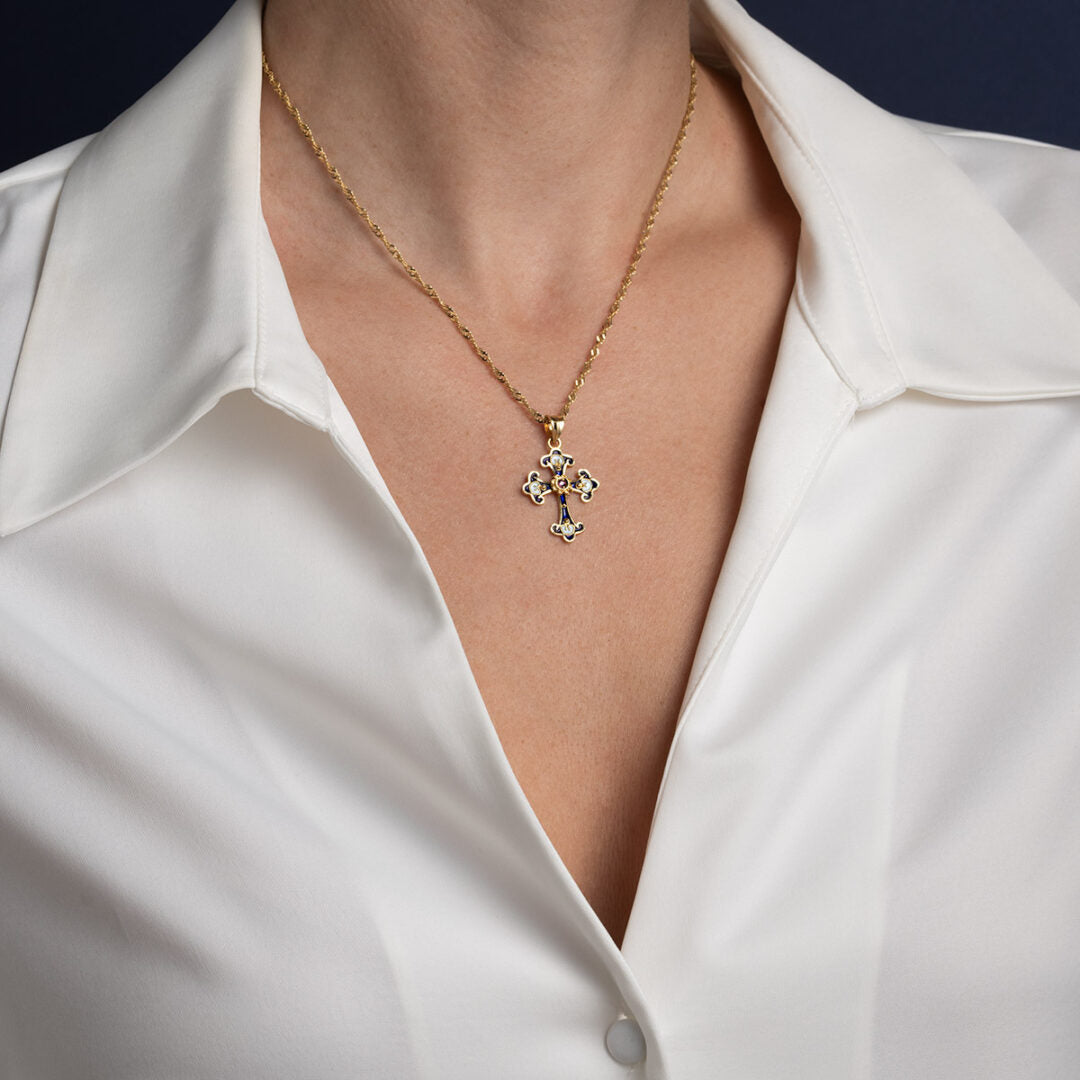 18K Gold and Enamel Byzantine Ruby Cross — Blue