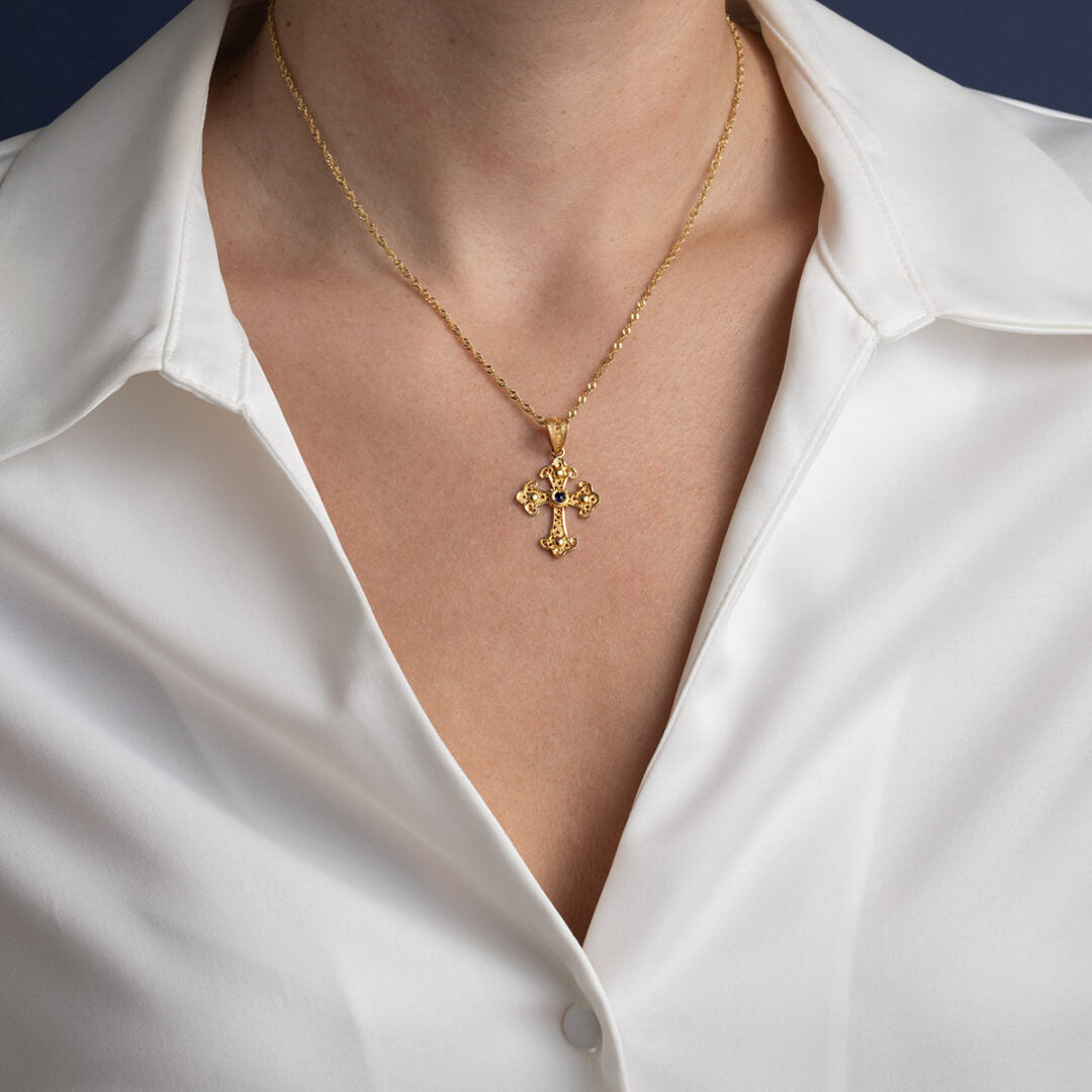 Filigree Sapphire Cross 18K Gold