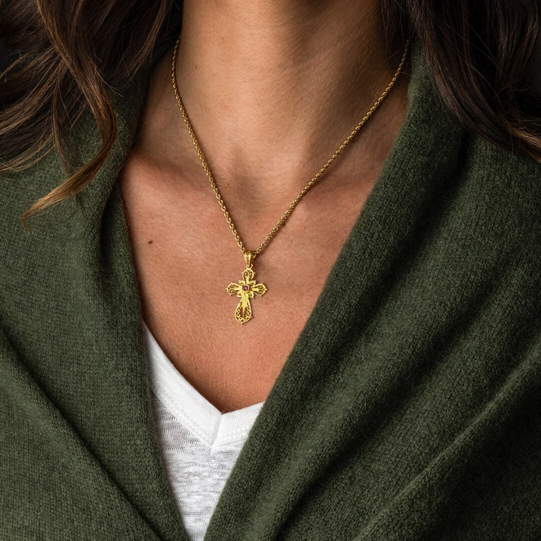 18K Gold Filigree Cross with Emerald