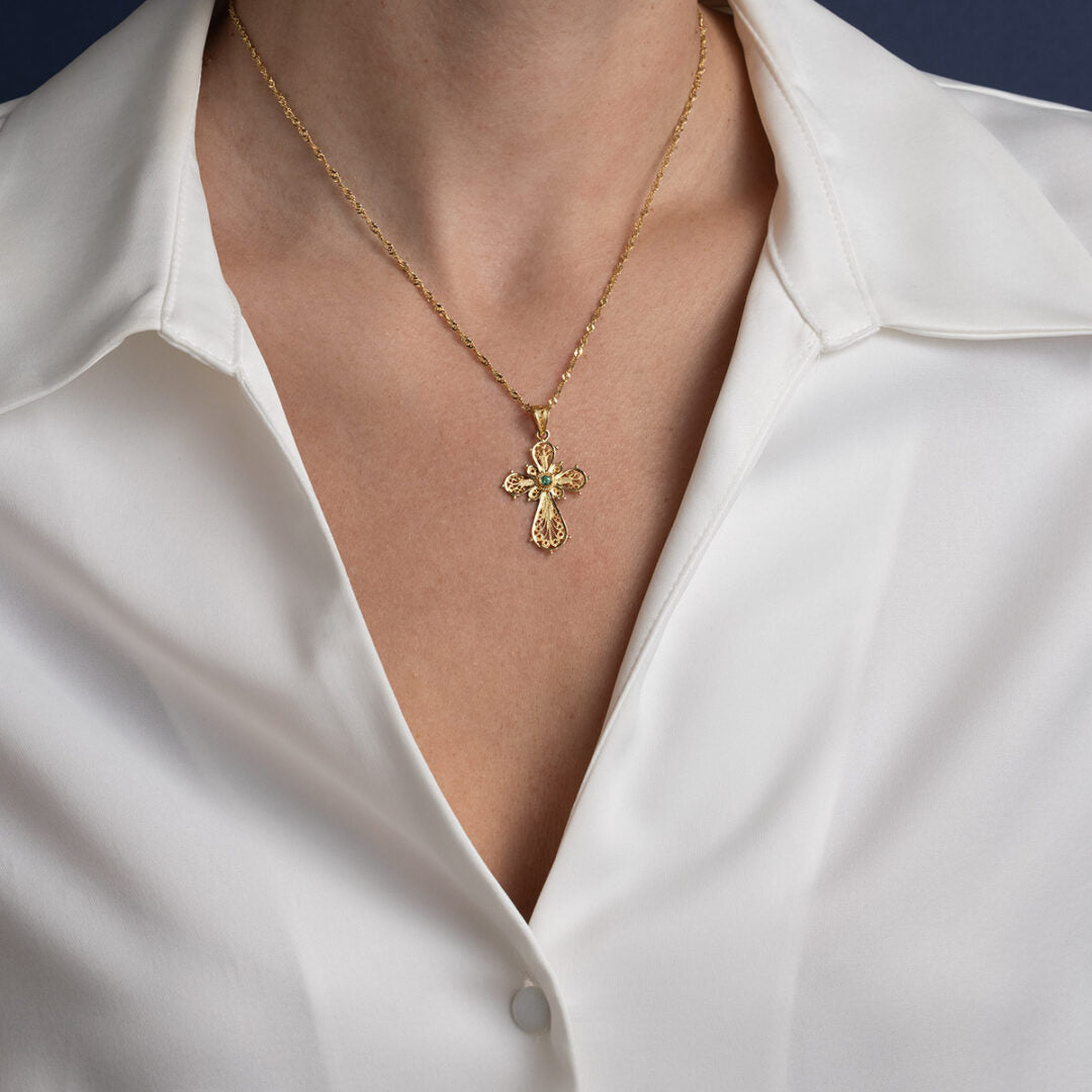 18K Gold Filigree Cross with Emerald