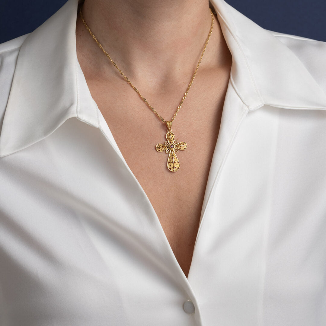 Byzantine Filigree Ruby Cross in 18K Gold