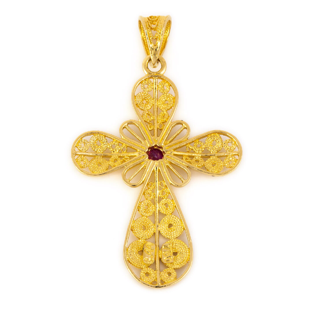 Byzantine Filigree Ruby Cross in 18K Gold