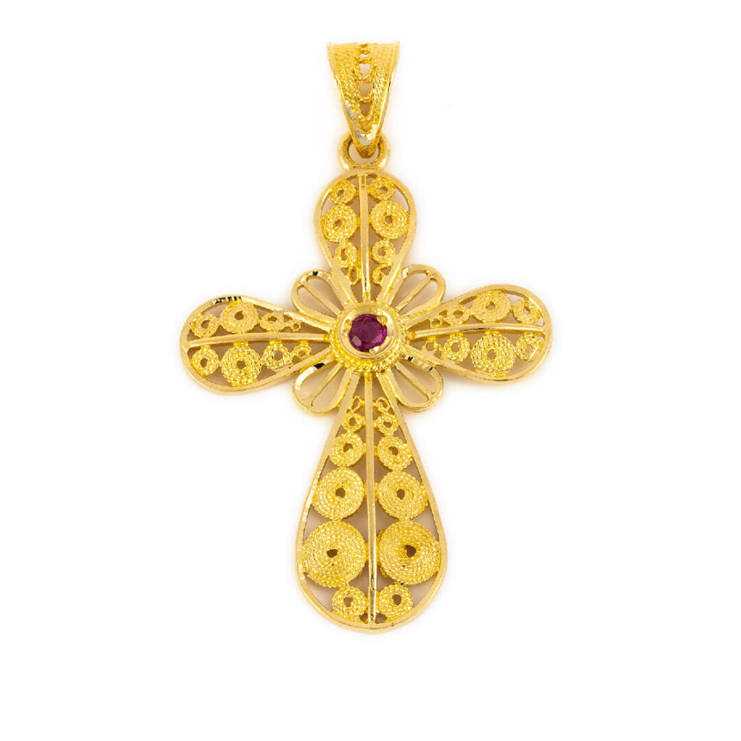 Byzantine Filigree Ruby Cross in 18K Gold