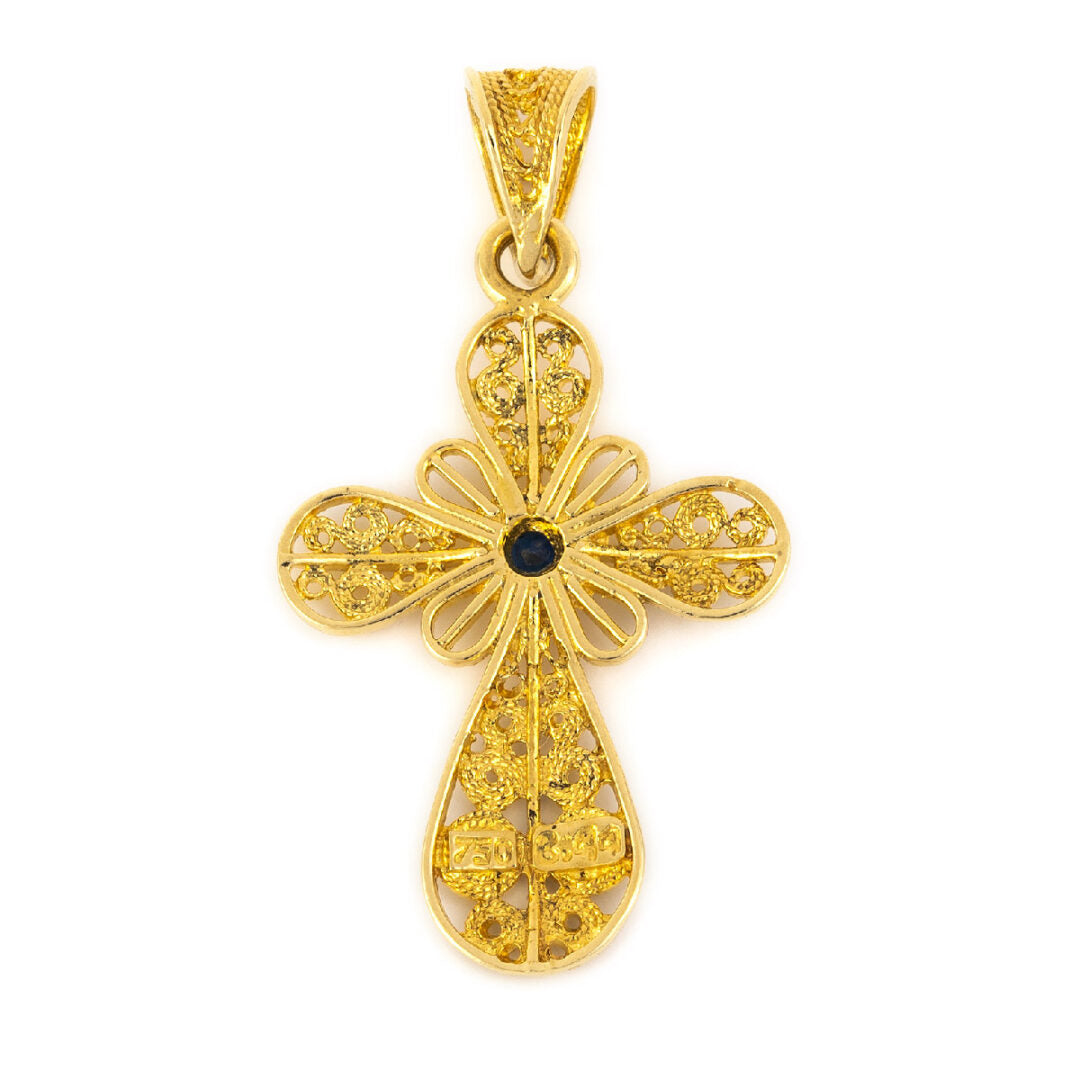 Byzantine Filigree Sapphire Cross in 18K Gold