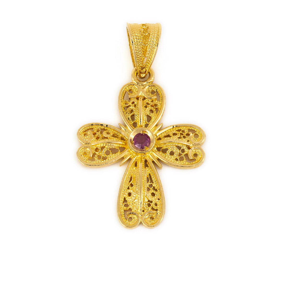 18K Gold Byzantine Filigree Ruby Cross