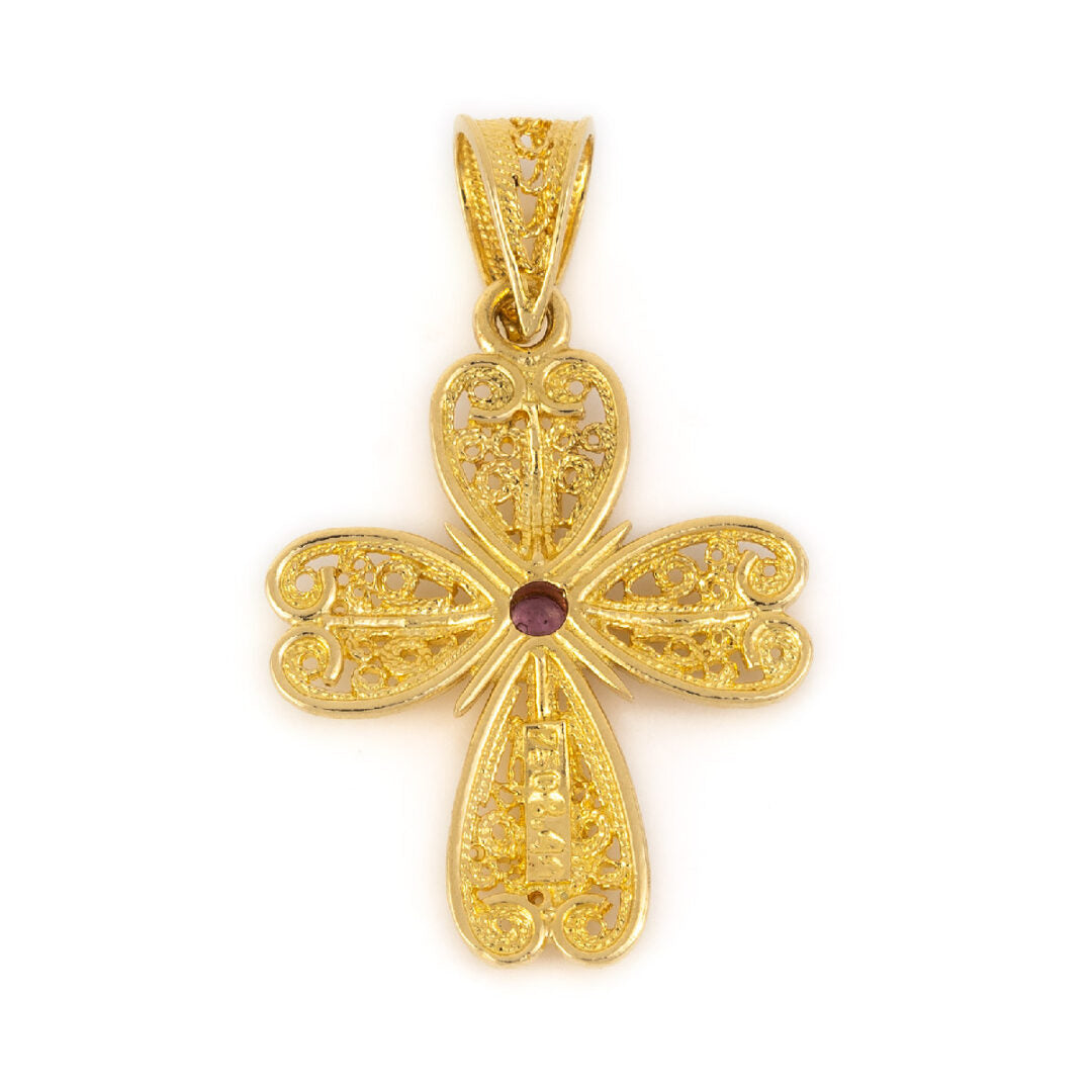 18K Gold Byzantine Filigree Ruby Cross