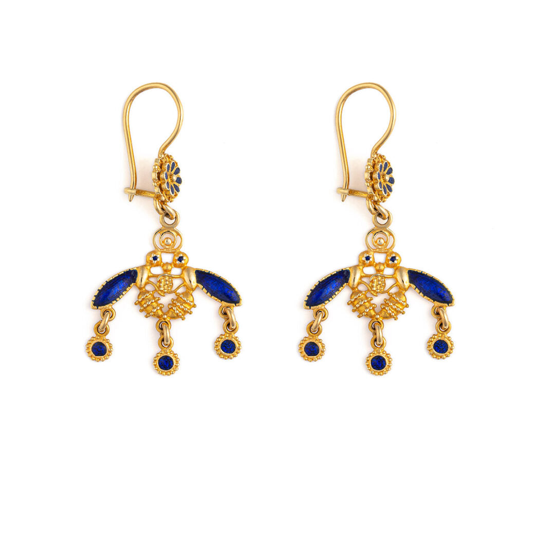 Minoan Malia Bees Dangle Earrings - 18K Solid Yellow Gold and enamel