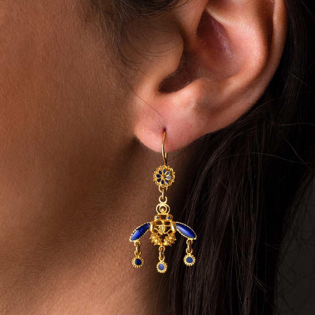 Minoan Malia Bees Dangle Earrings - 18K Solid Yellow Gold and enamel