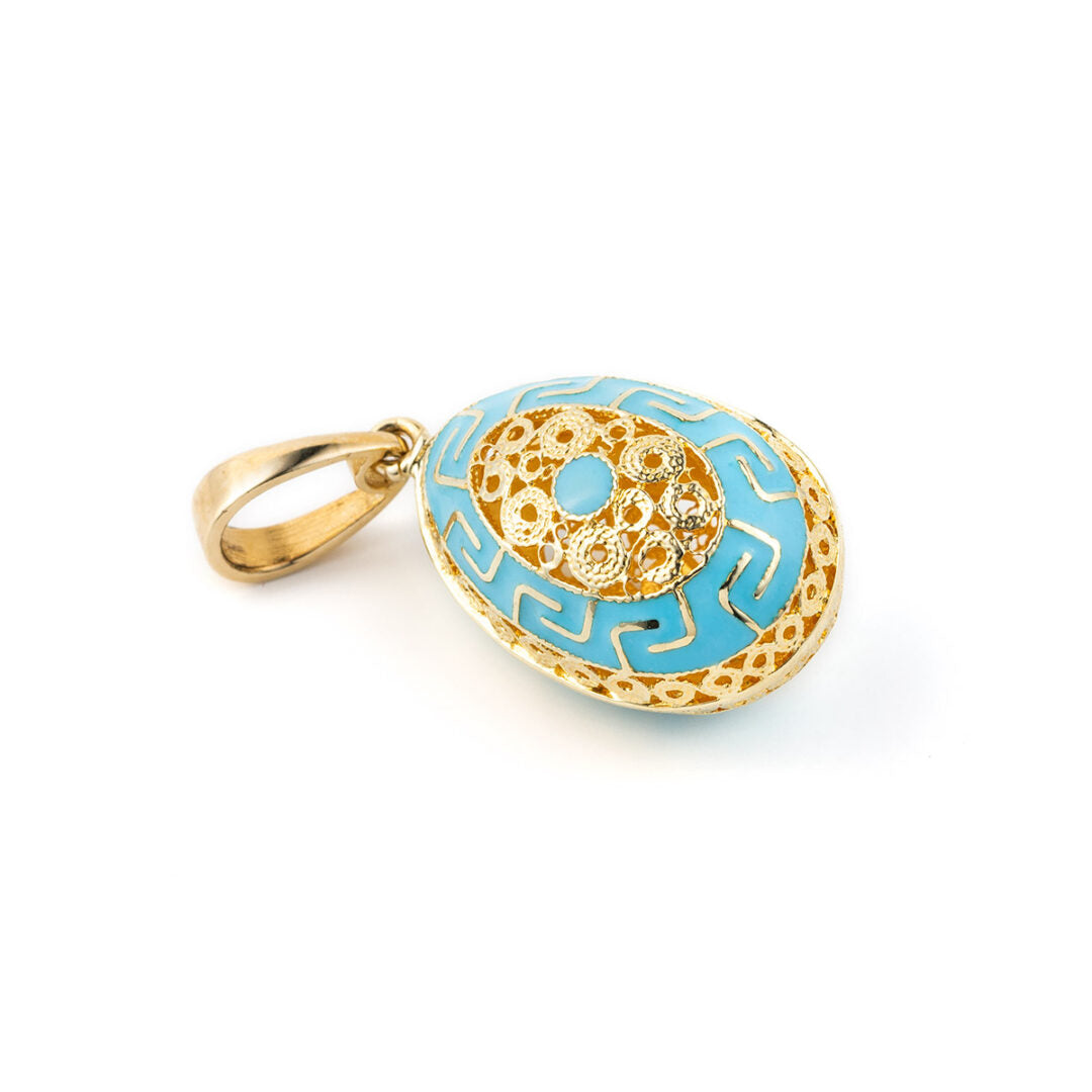 14k Gold Meander Filigree Egg Pendant with Turquoise Enamel