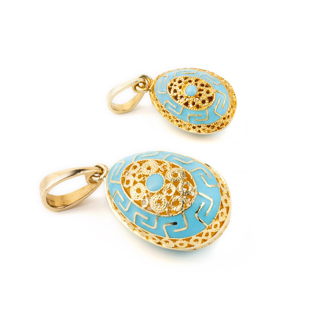 14k Gold Meander Filigree Egg Pendant with Turquoise Enamel