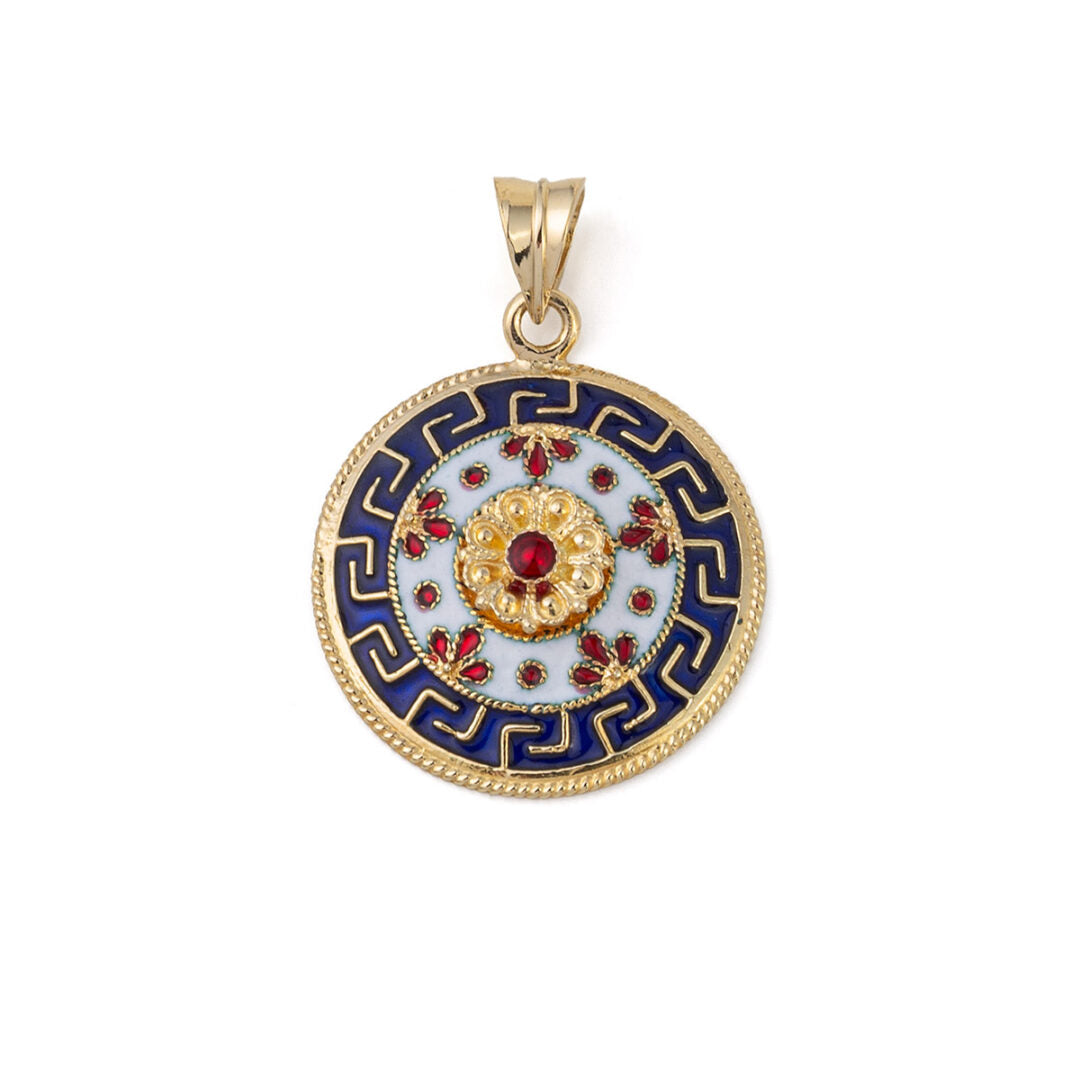 18k Solid Gold Greek Key Pendant with Blue enamel