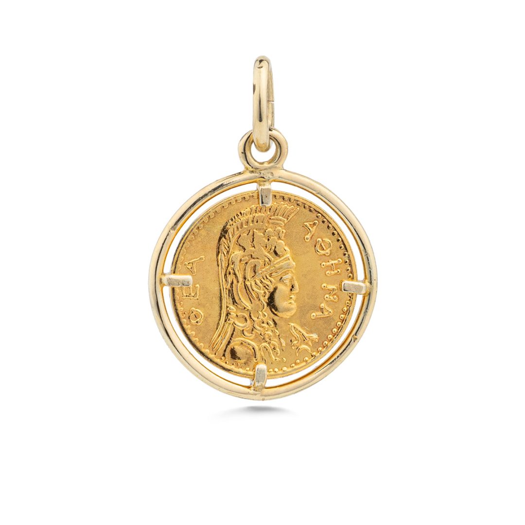 Goddess Athena and Owl Coin Pendant - 14K Gold