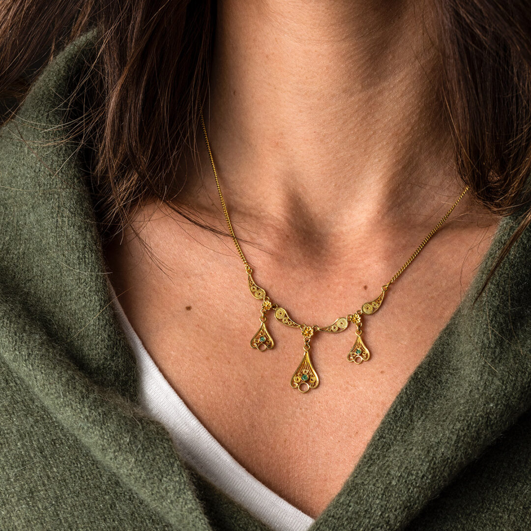 18K Gold Byzantine Filigree Emerald Necklace