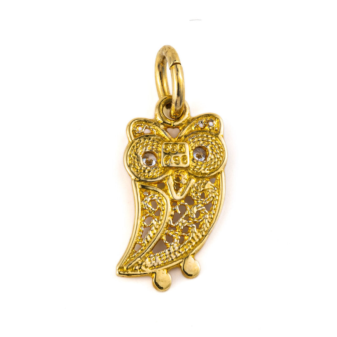 Wisdom Owl Filigree Pendant - 14K Gold with Zircon