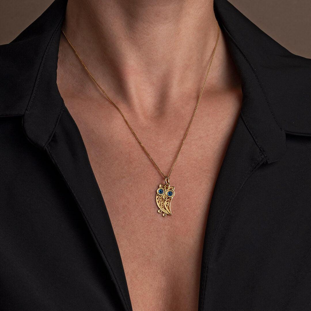 14k Solid Gold Filigree Pendant - Wisdom Owl