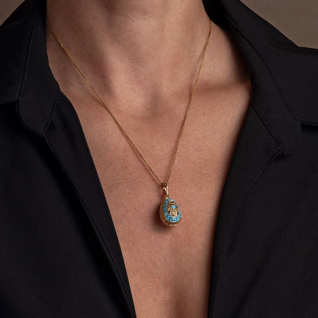 14k Gold Meander Filigree Egg Pendant with Turquoise Enamel
