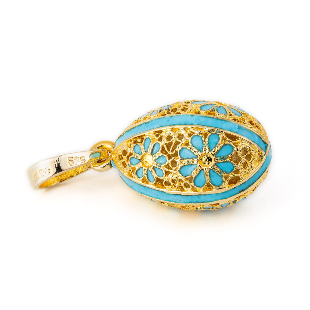 Filigree Egg Pendant with Flowers - 14k Gold and Turquoise Enamel