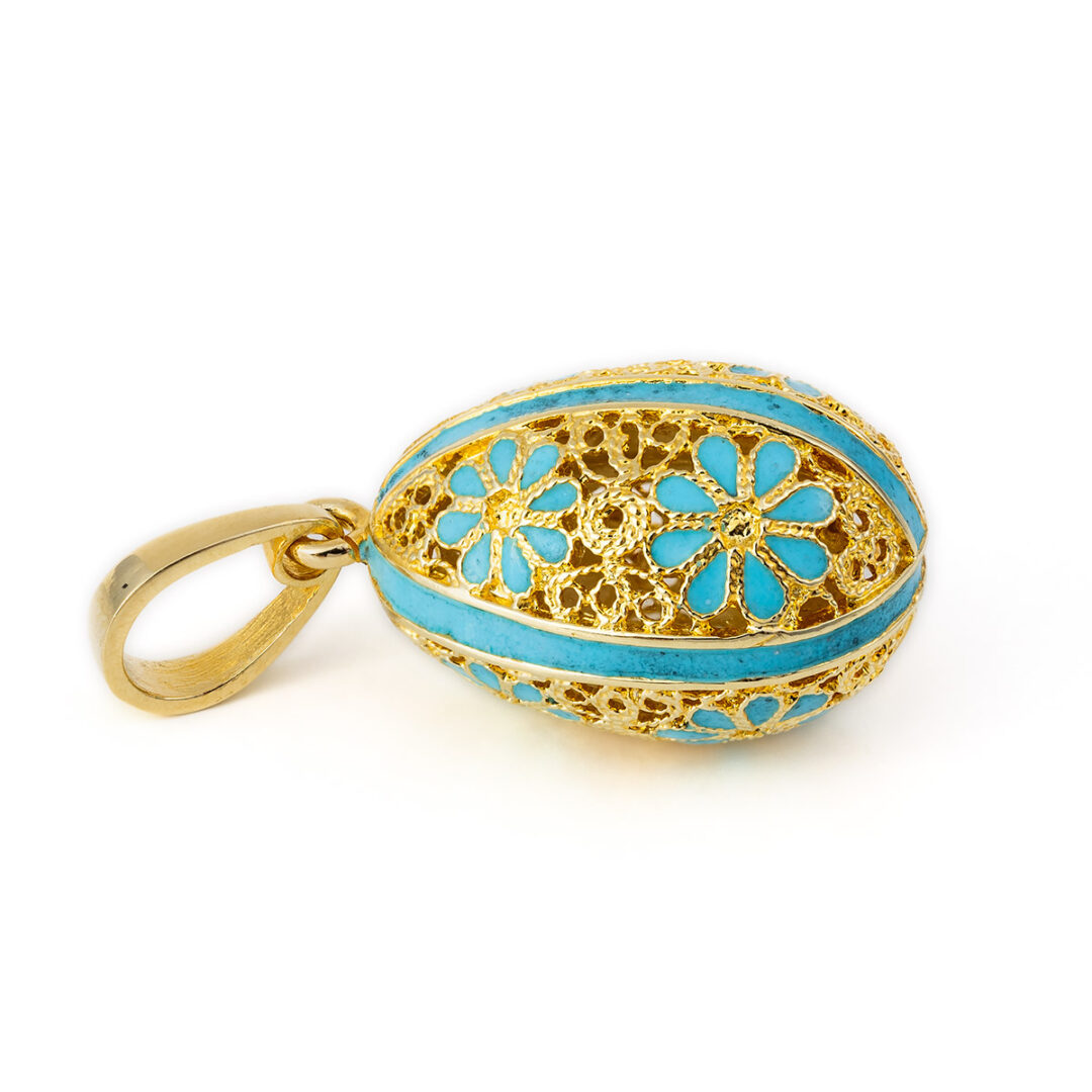 Filigree Egg Pendant with Flowers - 14k Gold and Turquoise Enamel